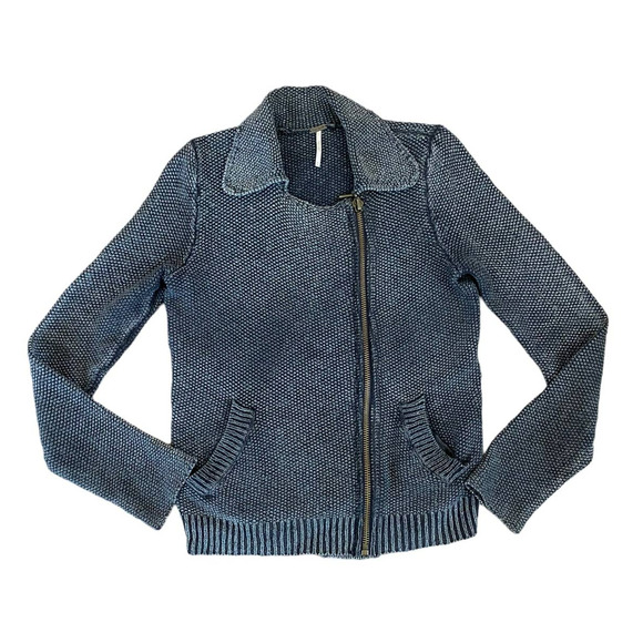 Free People Charcoal Knit Zip Front Sweater Moto Jacket Small - Picture 2 of 6